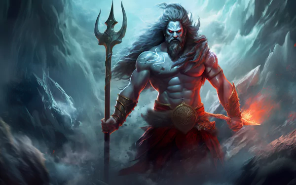 HD desktop wallpaper featuring a dynamic representation of Shiva, the Hindu deity, wielding a trident, set against a dramatic stormy background.