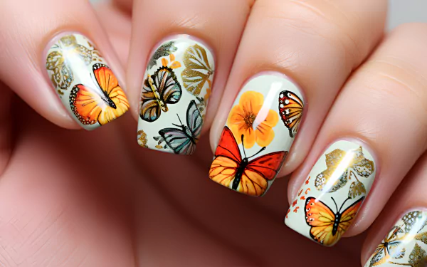 Bright summer nails featuring intricate butterfly designs on a light background, showcasing vibrant colors for a refreshing look. An HD desktop wallpaper to enhance your screen.