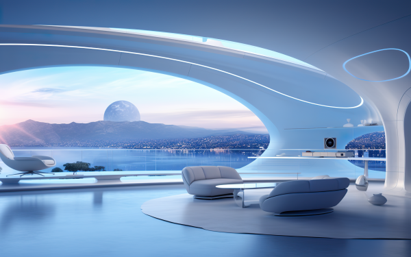HD wallpaper featuring futuristic architecture with modern interior design, panoramic windows, and a scenic sunset view.