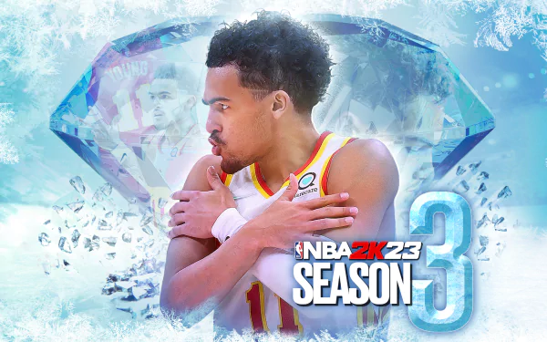 HD desktop wallpaper featuring Trae Young in a dynamic pose for NBA 2K23 Season 3, accentuated with icy, game-inspired graphics.