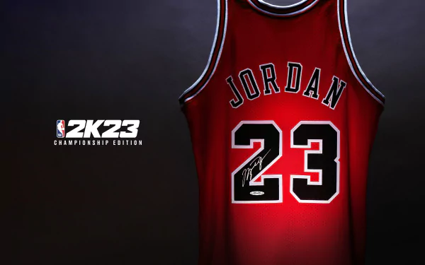 HD desktop wallpaper featuring a Jordan number 23 jersey from the NBA 2K23 Championship Edition video game.