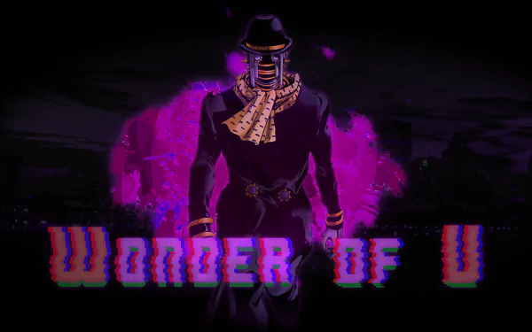 HD PC desktop wallpaper featuring Calamity from JoJo's Bizarre Adventure: JoJolion with the Stand Wonder of U, highlighted by a striking purple aura.