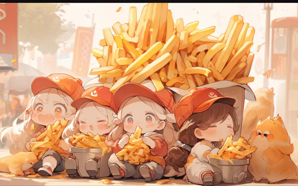 HD desktop wallpaper featuring animated characters enjoying a large pile of French fries with a cheerful ambiance.