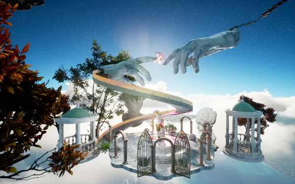 HD desktop wallpaper from the video game Only Up! featuring a surreal scene with giant hands, a floating staircase, and architectural structures against a cloudy sky.