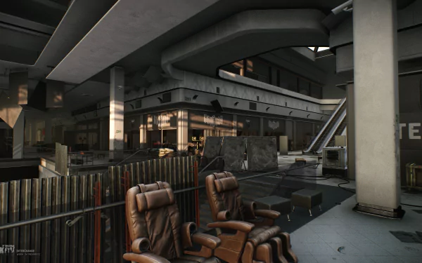 HD desktop wallpaper from the video game Escape from Tarkov, featuring an abandoned lobby with scattered furniture and dim lighting.