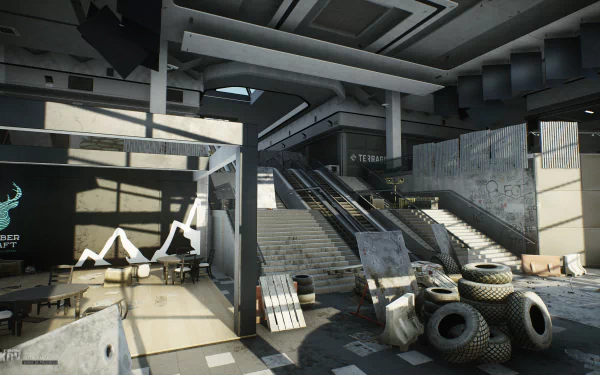 HD wallpaper featuring a detailed interior scene from the video game Escape from Tarkov, showcasing an abandoned lobby with scattered debris and dramatic lighting.