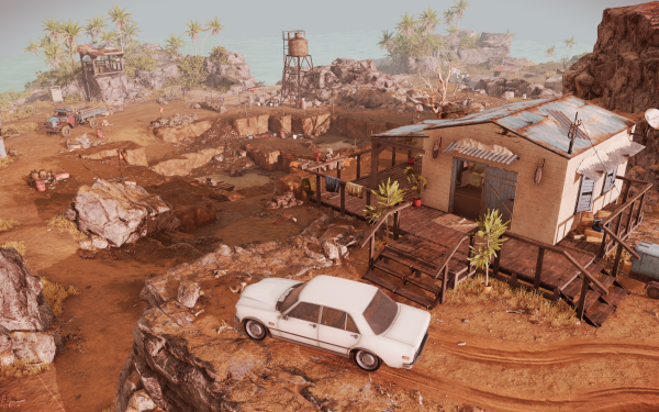 HD desktop wallpaper of Jagged Alliance 3 featuring an arid desert base with a vintage car, shacks, and defensive structures amid a rugged landscape.