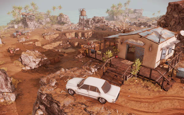 HD desktop wallpaper from the video game Jagged Alliance 3, depicting a detailed, arid game environment with a small outpost, vehicles, and scattered structures.