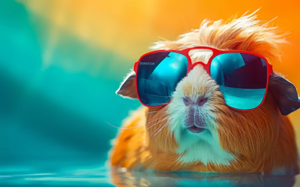 Stylish guinea pig wearing sunglasses with a colorful HD background for desktop wallpaper.