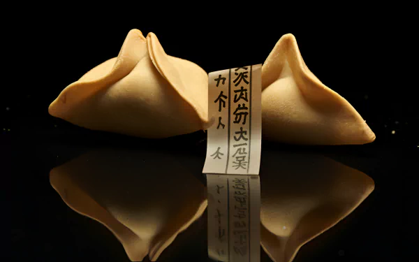 High-definition desktop wallpaper featuring two fortune cookies, one cracked with its message revealed, set against a reflective black surface.