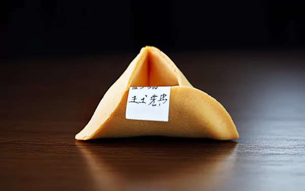 HD desktop wallpaper featuring a close-up of a fortune cookie with a paper slip showing Chinese characters, placed on a dark wooden surface.