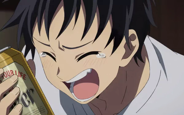 HD desktop wallpaper featuring Akira Tendo from Zom 100: Bucket List of the Dead, showing him excitedly holding a can with tears in his eyes.