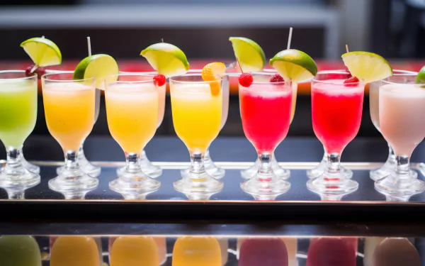 Colorful daiquiri cocktails lined up with lime garnishes, AI-generated art as HD desktop wallpaper background.