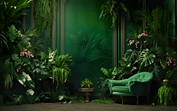 HD desktop wallpaper featuring a lush, green botanical setting with a velvet armchair and an array of tropical plants, creating a tranquil and aesthetic nature scene.