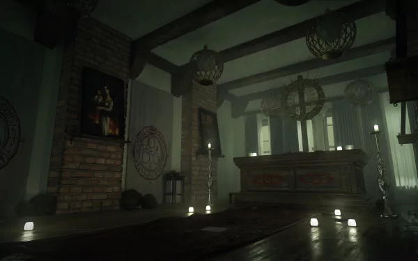 HD desktop wallpaper featuring a dimly lit room with atmospheric lighting from candles, eerie symbols on walls, and a prominent wooden coffin from Silent Hill: Ascension.