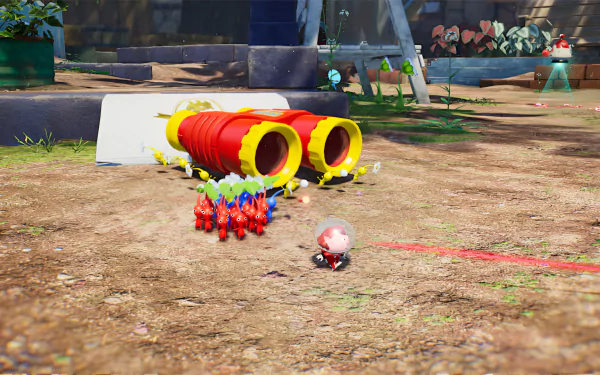 HD desktop wallpaper featuring a scene from Pikmin 4 with a character and colorful Pikmin in a vibrant backyard setting with pipes and lush vegetation.
