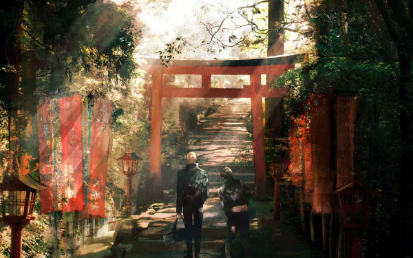 HD wallpaper featuring Yu Haibara and Kento Nanami from Jujutsu Kaisen walking towards a traditional torii gate through a serene, sunlit forest path.
