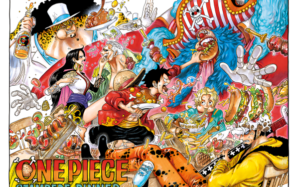HD One Piece desktop wallpaper featuring vibrant artwork with characters Monkey D. Luffy, Boa Hancock, Smoker, Rob Lucci, and Hattori in an action-packed scene.