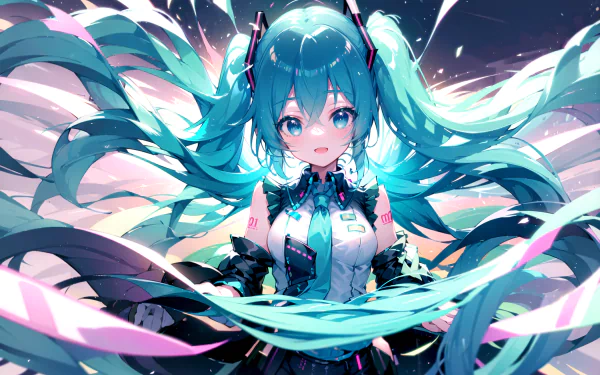 HD anime-style wallpaper featuring Hatsune Miku from Project DIVA F 2nd, rendered as vibrant AI art with dynamic teal hair and vivid lighting, representing the Vocaloid theme.