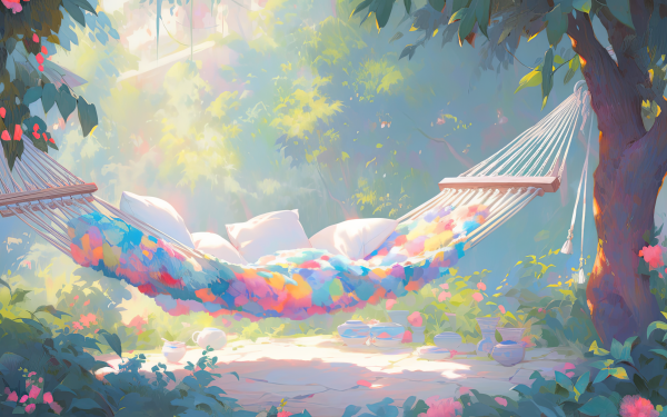 Colorful hammock hanging between trees in a serene AI-generated garden setting, suitable for HD desktop wallpaper and background.