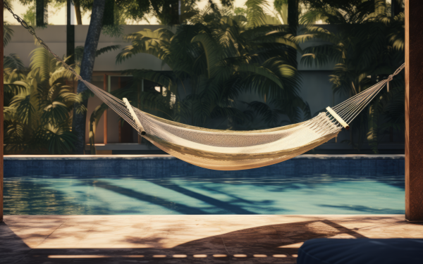 Relaxing poolside hammock surrounded by palm trees, ideal as an HD AI-generated desktop wallpaper or background.