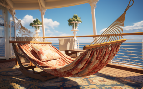 Luxurious ocean view from a cruise deck with a cozy hammock, perfect as an HD AI art desktop wallpaper and background.