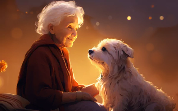 Warm and affectionate AI art of a smiling grandmother with her loving dog, in a high-definition desktop wallpaper with a cozy, glowing background.