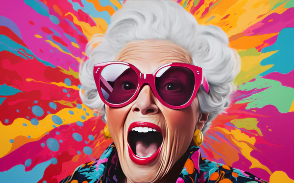 Vibrant HD pop art wallpaper featuring an illustrated grandmother with oversized pink sunglasses, expressing excitement against a colorful paint splash background.