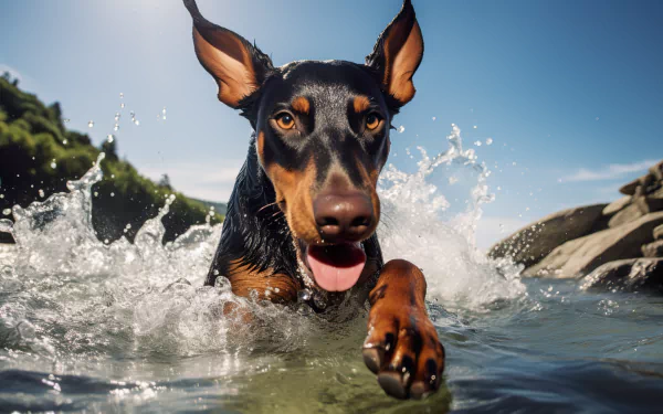 HD desktop wallpaper featuring a Doberman Pinscher swimming energetically in water, with splashes around and a clear blue sky in the background.