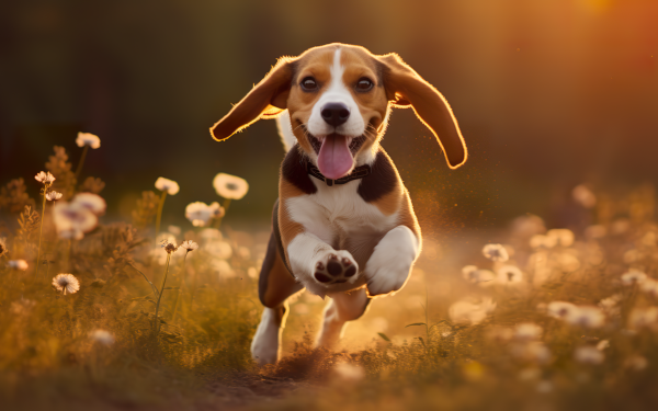HD desktop wallpaper featuring a playful Beagle running through a sunlit field with flowers, perfect for a cheerful background.