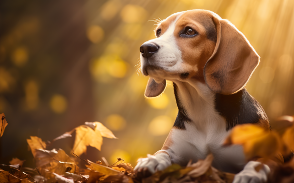 HD desktop wallpaper featuring a serene Beagle lying in autumn leaves with warm sunlight filtering through the canopy.