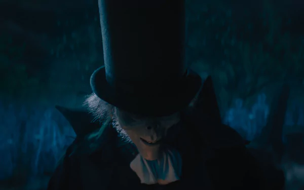 HD desktop wallpaper featuring a mysterious figure in a top hat from the movie Haunted Mansion, set against a shadowy, eerie forest background.