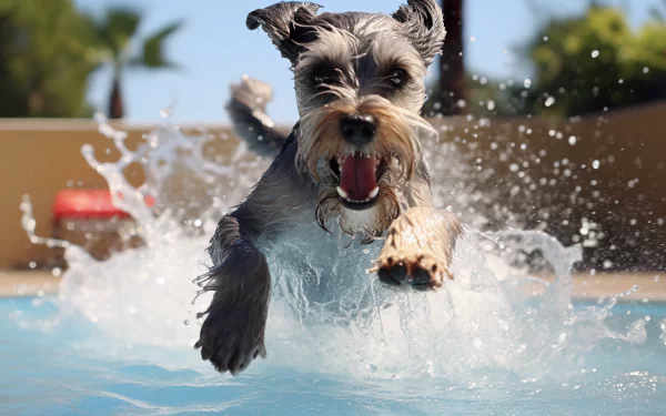 A joyful schnauzer leaps out of a pool, splashing water around in a sunny setting. This vibrant image serves as a lively HD desktop wallpaper and background.