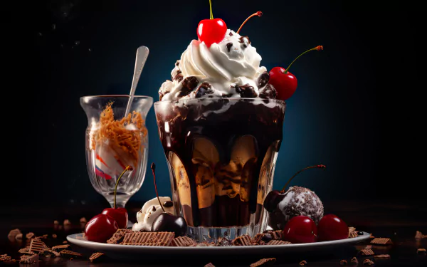 HD desktop wallpaper featuring an indulgent chocolate ice cream sundae topped with whipped cream, cherries, and chocolate shavings, set against a dark, moody background.