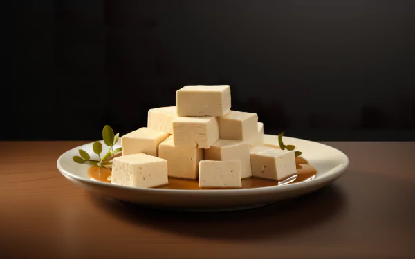 A visually appealing HD desktop wallpaper featuring a stack of fresh tofu cubes on a plate, accented with greenery, highlighting the simplicity of this versatile food.
