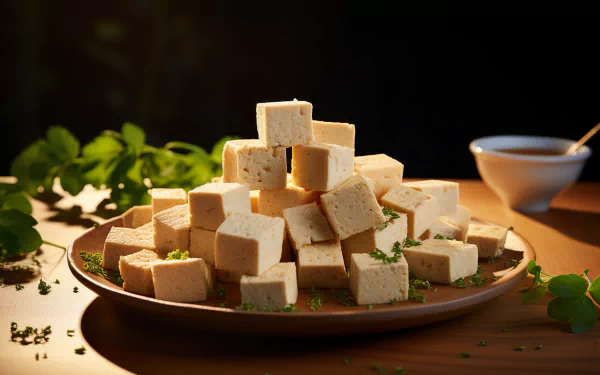 HD desktop wallpaper featuring a beautifully arranged plate of cubed tofu, garnished with herbs, in a warmly lit setting.