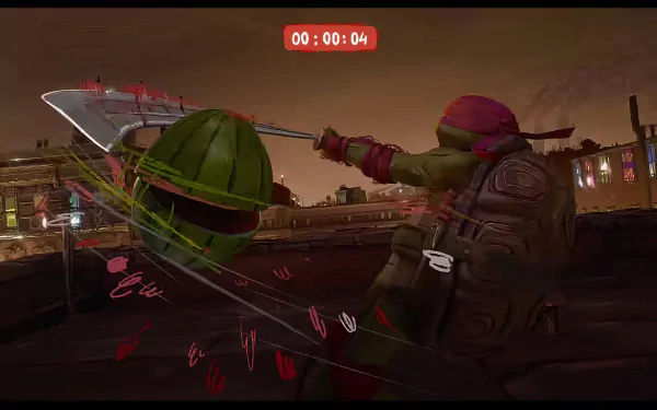 HD desktop wallpaper featuring a scene from Teenage Mutant Ninja Turtles: Mutant Mayhem with a dynamic action pose of a Turtle character.