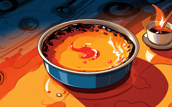 HD desktop wallpaper featuring an illustrated Crème Brûlée with a caramelized top, alongside a small lit candle.