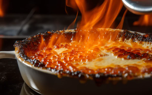 A close-up of a caramelized crème brûlée with flames flickering, showcasing its rich texture and glossy surface, set as an HD desktop wallpaper background.