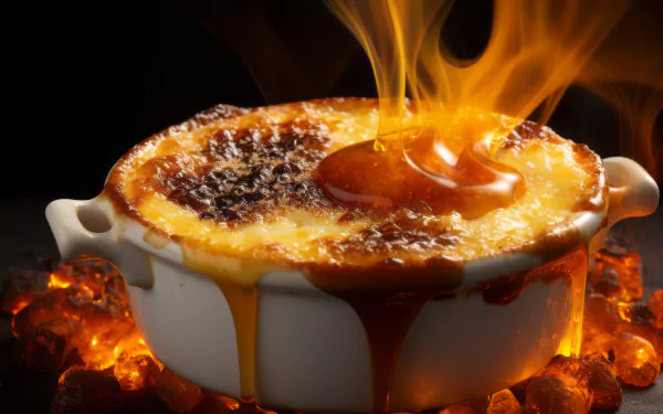 A decadent crème brûlée adorned with a caramelized top, surrounded by glowing embers, creates a striking focal point in this HD desktop wallpaper.
