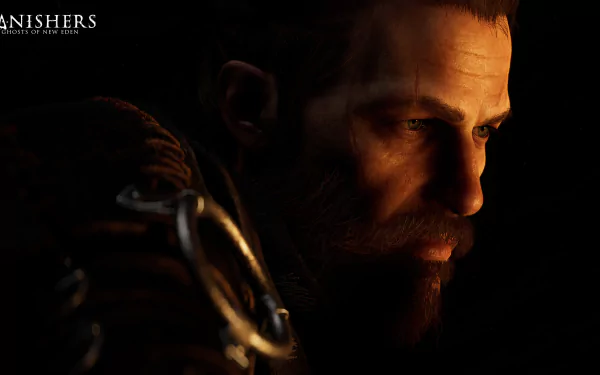 HD desktop wallpaper from Banishers: Ghosts of New Eden, featuring a close-up of a bearded male character in shadowy lighting, highlighting intense, contemplative facial features.