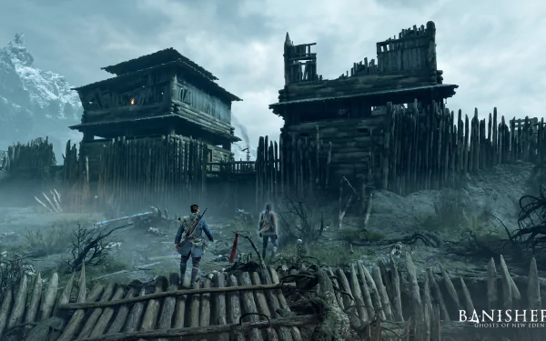 HD desktop wallpaper from Banishers: Ghosts of New Eden featuring two characters in a gloomy, fortified village setting.
