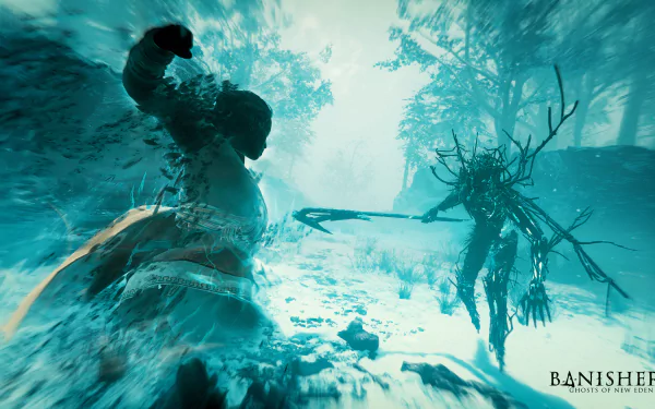 HD desktop wallpaper from Banishers: Ghosts of New Eden, featuring a dramatic scene with a human figure battling a ghostly creature in a misty, ethereal forest.