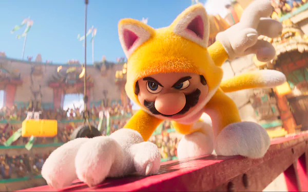 HD desktop wallpaper from Super Mario Bros. (2023) featuring Mario in his Cat Suit, energetically leaping into action in a colorful, detailed setting.