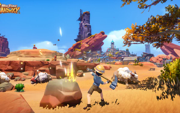 HD desktop wallpaper from My Time at Sandrock featuring vibrant desert landscape and a character mining rocks under a clear sky.