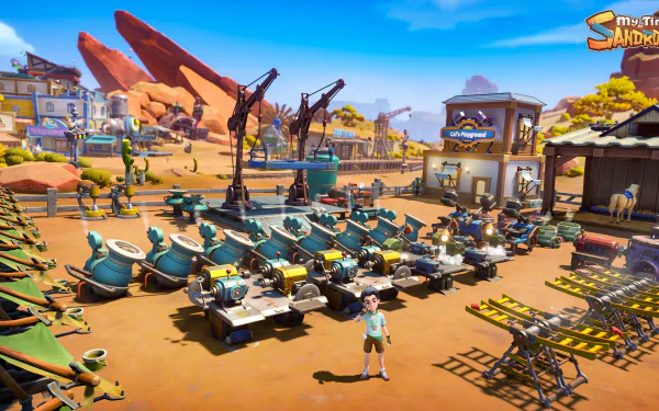 HD desktop wallpaper from My Time at Sandrock featuring a vibrant scene of a bustling town with markets and machinery under a clear sky.