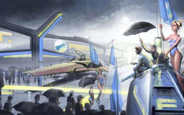 HD desktop wallpaper from Wipeout Omega Collection featuring a futuristic race scene with hovercrafts and spectators in a rainy setting.