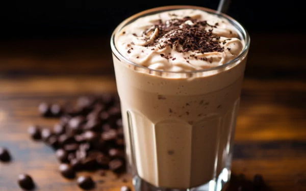 HD wallpaper of a delectable coffee milkshake topped with whipped cream and chocolate shavings, accompanied by scattered coffee beans on a wooden surface.