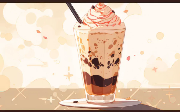 A delightful coffee milkshake sits in a tall glass, topped with whipped cream and drizzle, creating an inviting food-themed HD desktop wallpaper and background.