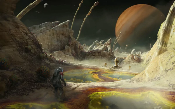 HD desktop wallpaper featuring an astronaut exploring an alien landscape with jagged rocks and vibrant pools, from the video game Starfield, showcasing a looming giant planet in the background.